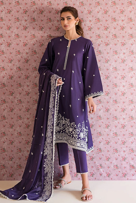 CROSS STITCH PARACHUTE PURPLE-3PC EMBROIDERED LAWN SUIT