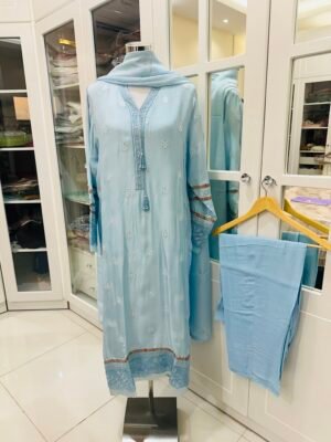 Light blue tussle silk -embellished